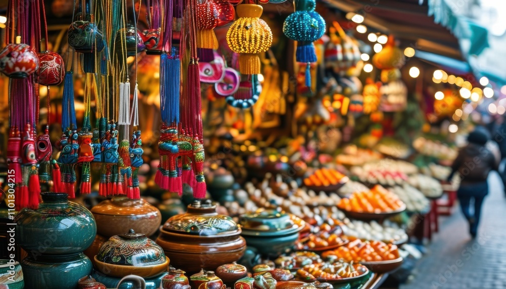 Fototapeta premium Close-Up of Vibrant Handcrafted Lanterns and Artisan Decor at a Festive Market