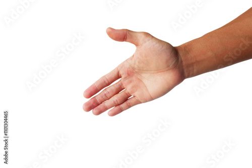 Man's hand in a gesture of reaching out to shake hands on a white background. photo