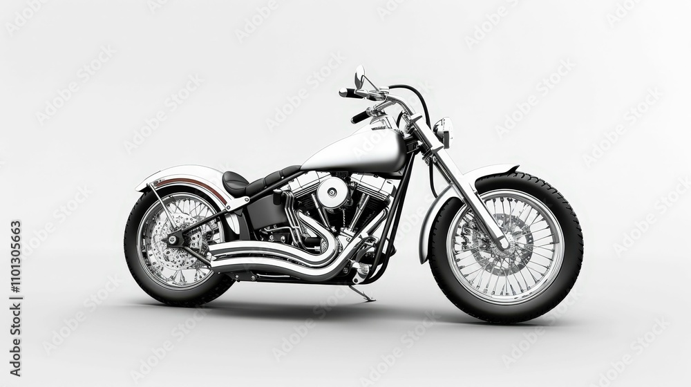 Fototapeta premium A sleek, modern motorcycle with a chrome finish, showcasing a classic design and powerful features, set against a minimalist white background.