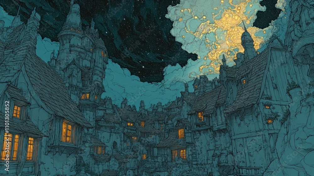 Fototapeta premium A whimsical, illustrated night scene of a quaint village under a starry sky.