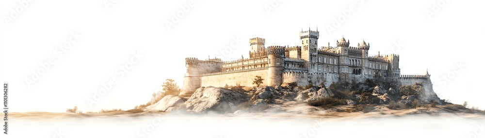 Ancient castle ruins on a rocky hill, white isolate background Ancient castle ruins on a rocky hill, white isolate background
