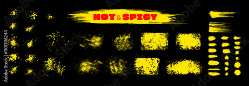 Yellow vector spicy food label bg. Crayon hand-drawn brushstrokes. Asian instant food package elements set. Brush marks, splatter sprinkles, pencil textures. Souce splatter, grainy strokes