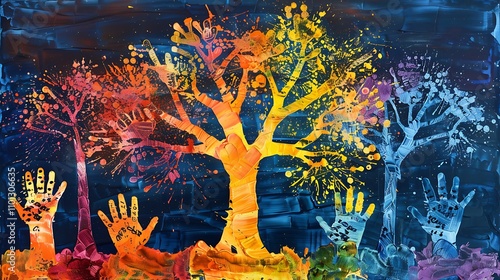 A colorful friendship tree with handprints on a solid background