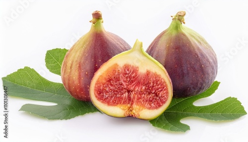 Fig fruits with fig leaves and slices of fig isolated on white background. ai generated photo