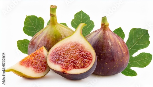 Fig fruits with fig leaves and slices of fig isolated on white background. ai generated photo