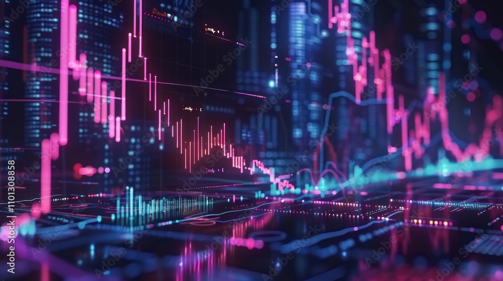 Abstract digital financial data visualization with glowing lines and graphs. Abstract digital financial data visualization with glowing lines and graphs.