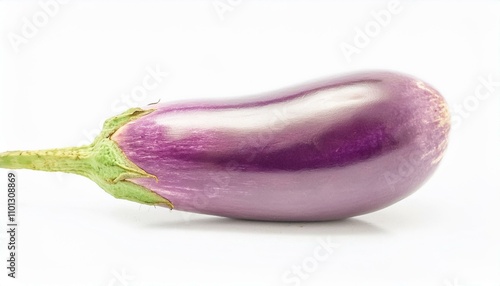 One fresh raw healthy eggplant or aubergine vegetable isolated on white background. Food ingredient, vegetatian cuisine, organic greenhouse farm plant. photo