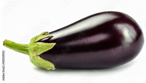 One fresh raw healthy eggplant or aubergine vegetable isolated on white background. Food ingredient, vegetatian cuisine, organic greenhouse farm plant. photo