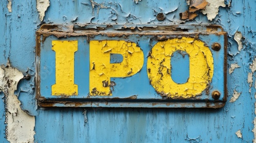 Yellow "IPO" text on chipped blue background, weathered surface, bold typography, worn and rustic, textured wall, industrial style, peeling paint, urban aesthetic