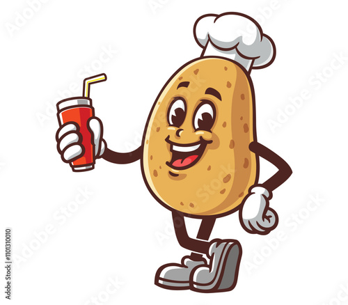 Potato with soft drink,  Cartoon Mascot Illustration Character Vector Clip-art hand-drawn Logo Design