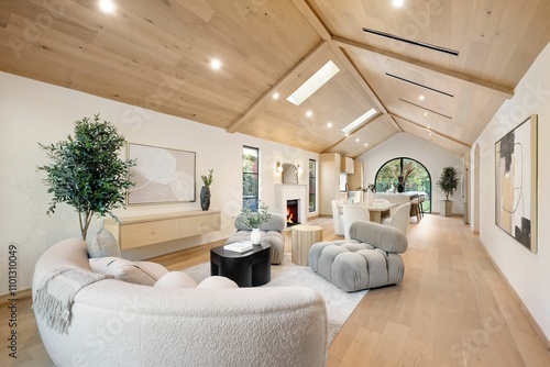 Modern living room with vaulted ceilings and stylish decor.