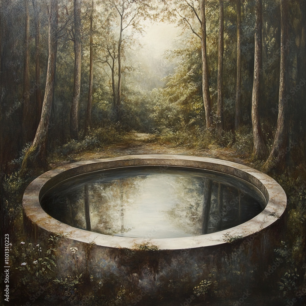 Fototapeta premium Forest's Embrace: A Circular Pond Reflecting Tranquil Nature