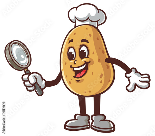 Potato with magnifying glass,  Cartoon Mascot Illustration Character Vector Clip-art hand-drawn Logo Design