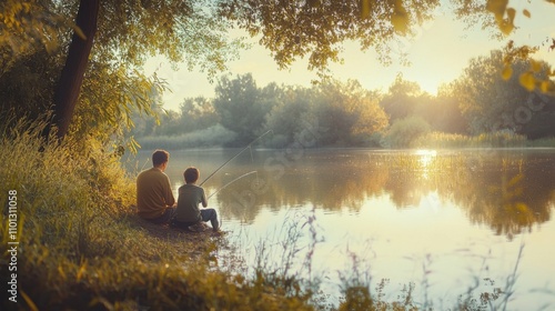Father and son fishing together by a calm lake, sunny day, bonding moment, outdoor leisure, scenic nature, relaxed atmosphere, family tradition, peaceful vibes.