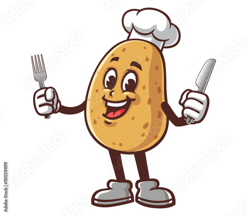 Potato with fork and knife,  Cartoon Mascot Illustration Character Vector Clip-art hand-drawn Logo Design
