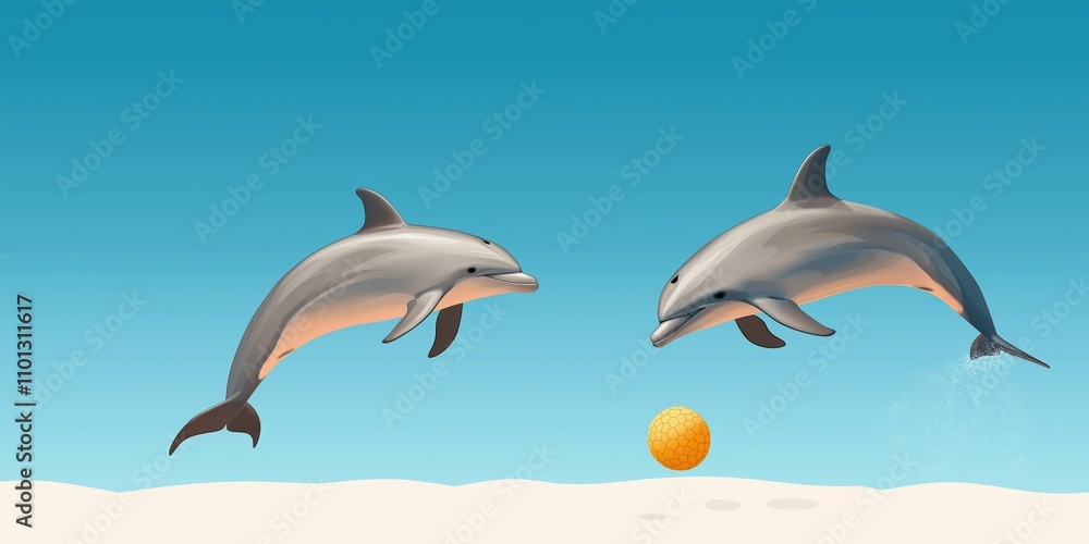 Fototapeta premium Two dolphins are playing with a ball in the ocean. The scene is lively and playful, with the dolphins jumping and diving in the water. The ball is floating in the air