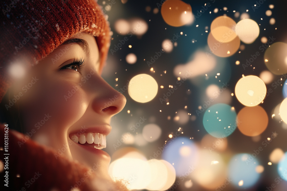 Close-up of a happy person walking through a lively city at night, surrounded by colorful Christmas lights, snowflakes, and festive decorations.
Close-up of a happy person walking through a lively city at night, surrounded by colorful Christmas lights, snowflakes, and festive decorations.
