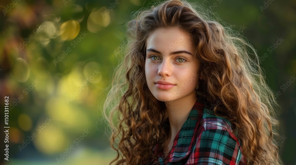 Naklejka premium Beautiful girl with beautiful curly hair, slim with curves on blurred outdoor background,