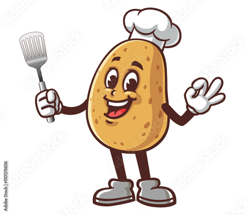 Potato with spatula and okay sign pose,  Cartoon Mascot Illustration Character Vector Clip-art hand-drawn Logo Design
