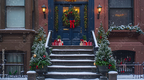 festive townhouse stoop adorned with holiday decorations, snow falling, and warm lights creating cozy atmosphere