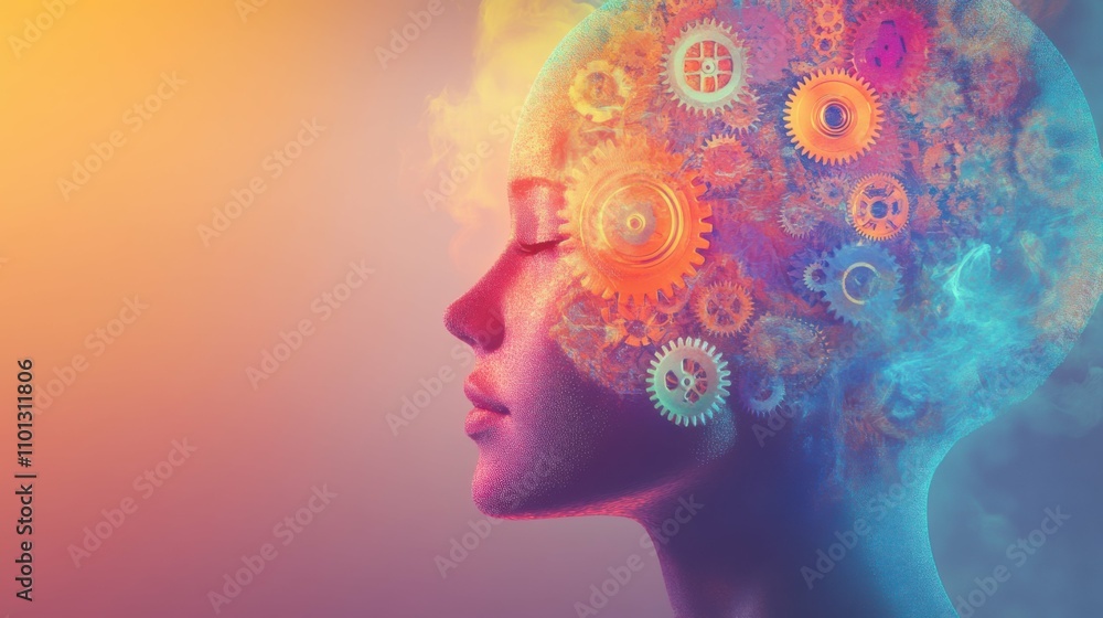 Obraz premium Illustration of colorful gears turning inside a human head, representing creative problem-solving, isolated on a gradient background, modern and conceptual.