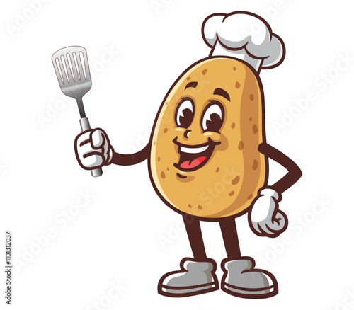 Potato with spatula,  Cartoon Mascot Illustration Character Vector Clip-art hand-drawn Logo Design