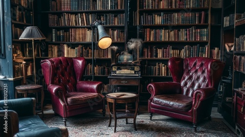 Vintage Library with Leather Armchairs - Cozy Reading Nook photo