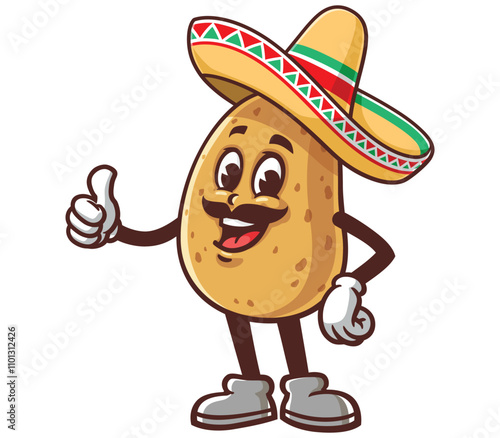 Potato with sombrero,  Cartoon Mascot Illustration Character Vector Clip-art hand-drawn Logo Design