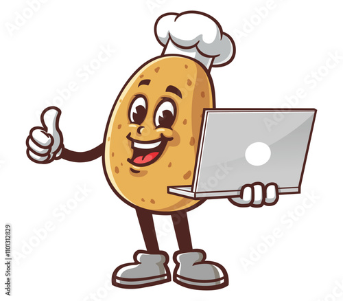 Potato with laptop,  Cartoon Mascot Illustration Character Vector Clip-art hand-drawn Logo Design