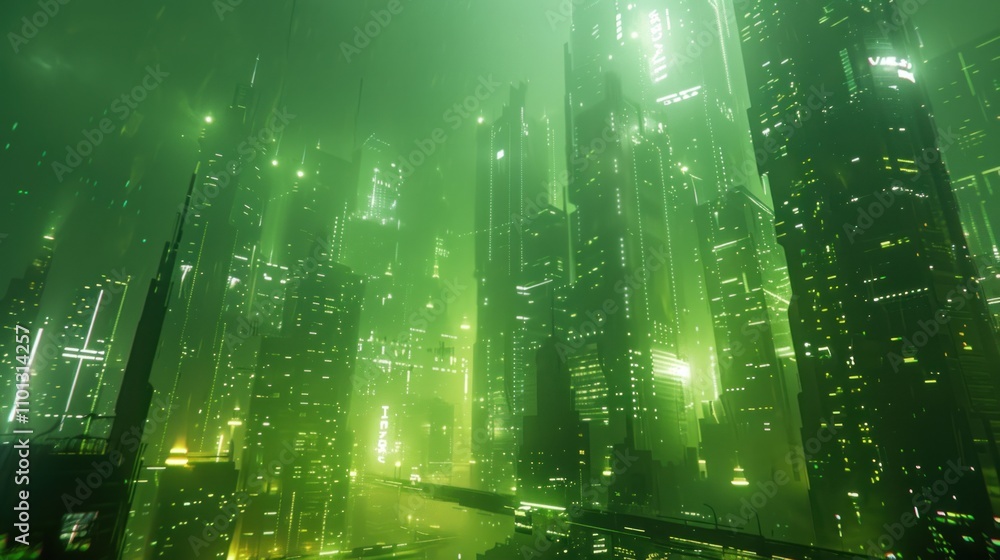 Fototapeta premium Futuristic green city at night, glowing skyscrapers in fog.