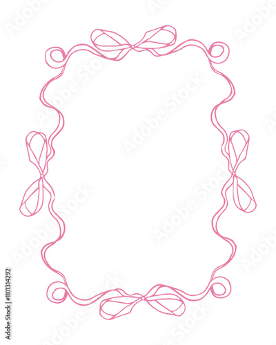 A white frame with a pink bow design is displayed. The frame is simple and elegant, with the bow adding a touch of femininity. The pink color of the bow contrasts nicely with the white background