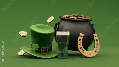 3D render of vibrant and colorful St. Patrick's Day celebration elements including gold coins, green hats and festive clovers. Copy space background to promote Irish culture and seasonal celebrations.