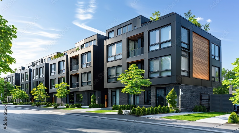 Fototapeta premium photograph of Modern modular private black townhouses. Residential architecture exterior. Created with
