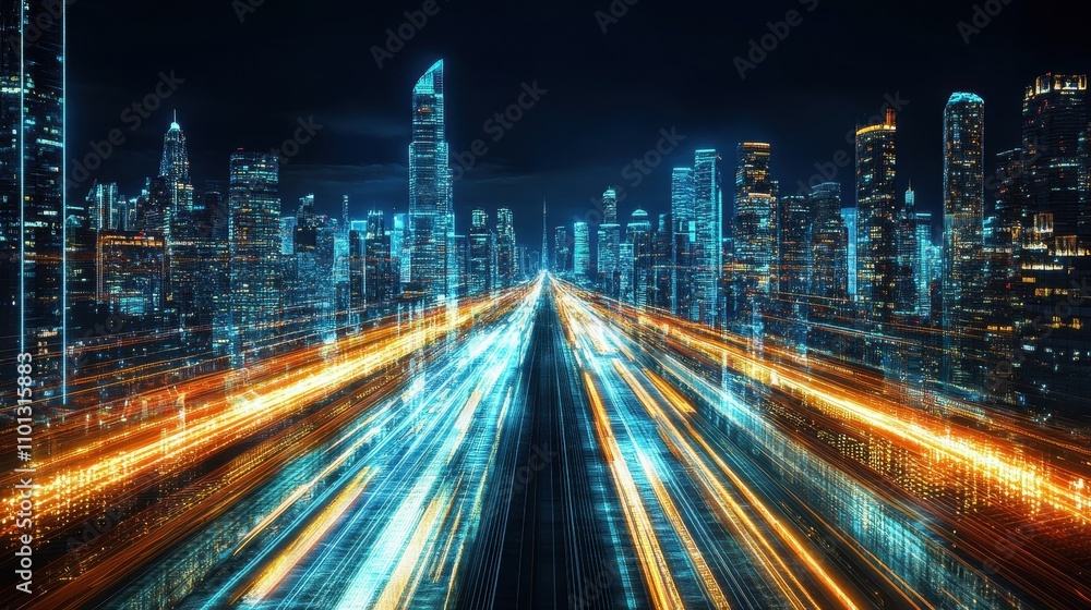 Fototapeta premium Futuristic Cityscape with Blurry Traffic Lights and Skyscrapers at Night