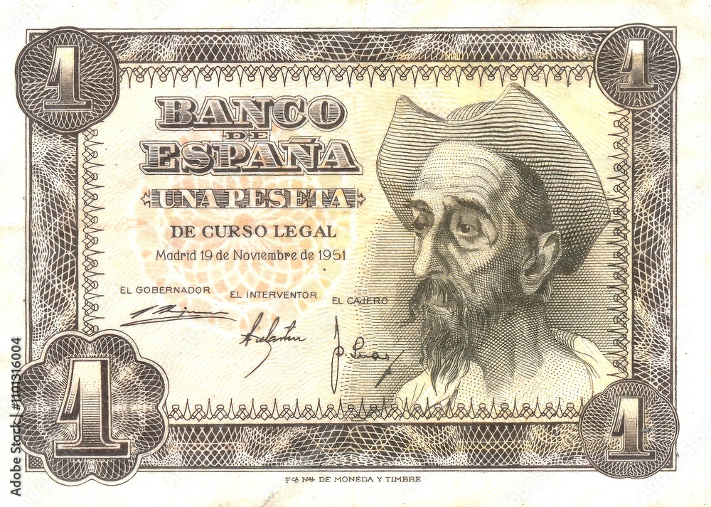 old spanish peseta banknote of 1951 with Cervantes' El Quijote on the front side