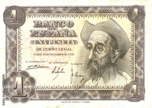 Obraz na płótnie old spanish peseta banknote of 1951 with Cervantes' El Quijote on the front side w salonie