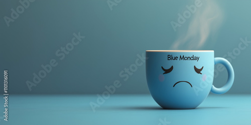 Tazza da caffè con la scritta Blue Monday e faccina triste. Sfondo blu. Il terzo lunedì di gennaio è il giorno più triste dell'anno. photo