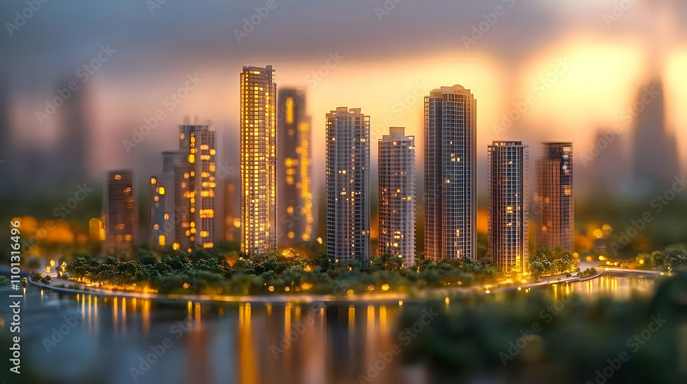 Obraz premium Night Cityscape Illustration: Golden Hour Towers
