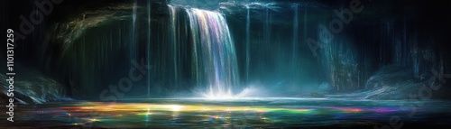 A serene waterfall cascading into a vibrant pool, illuminated by ethereal light.