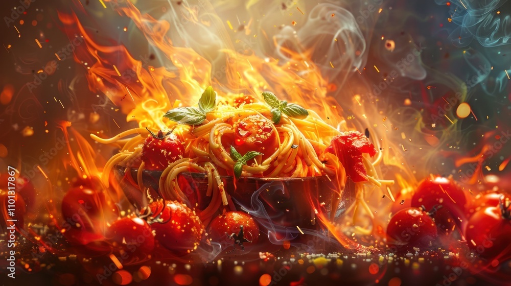 Flaming spaghetti with tomatoes in a bowl. Flaming spaghetti with tomatoes in a bowl.