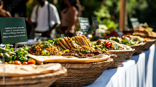 A cultural celebration with injera bread laid out in a traditional woven basket photo