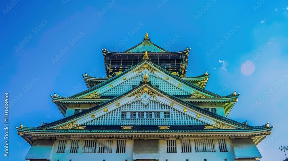 Obraz premium photograph of Osaka's landmark Osaka Castle castle tower that shines in the blue sky