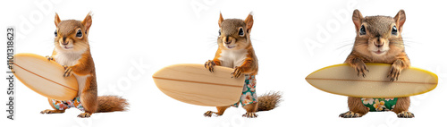 Three playful squirrels hold surfboards, showcasing their fun personalities and engaging in a whimsical surfing theme. photo