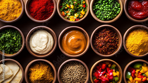 A minimalist display of injera bread with small bowls of colorful Ethiopian sauces and dips photo