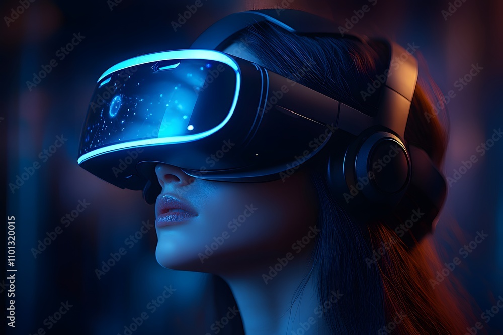 A sleek, futuristic VR headset with holographic elements on the visor against an all-black background A sleek, futuristic VR headset with holographic elements on the visor against an all-black background