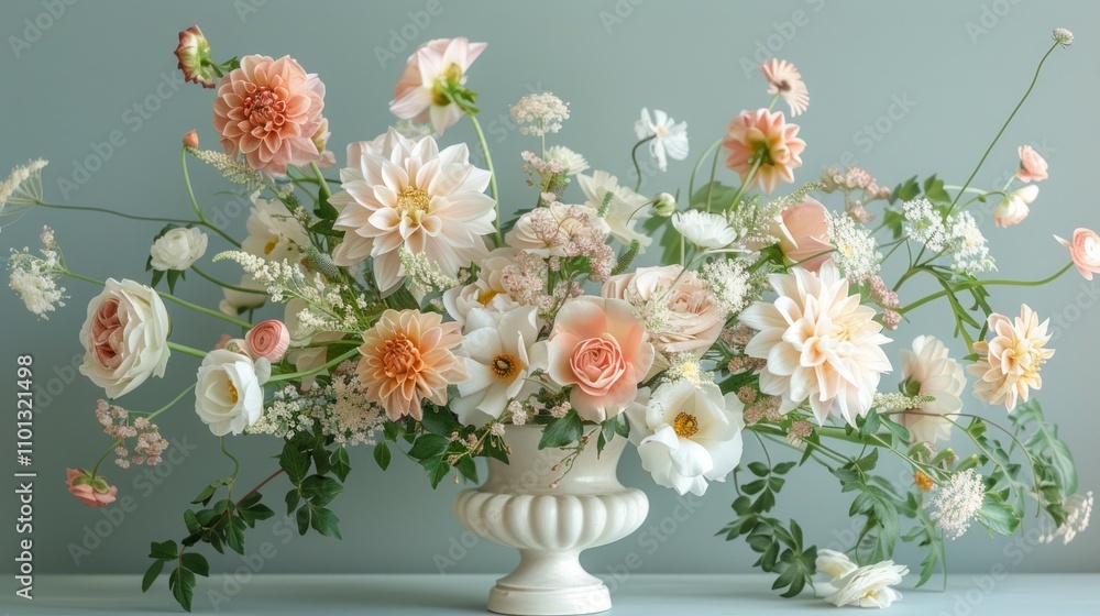 Fototapeta premium Elegant peach and white floral arrangement in a classic urn.
