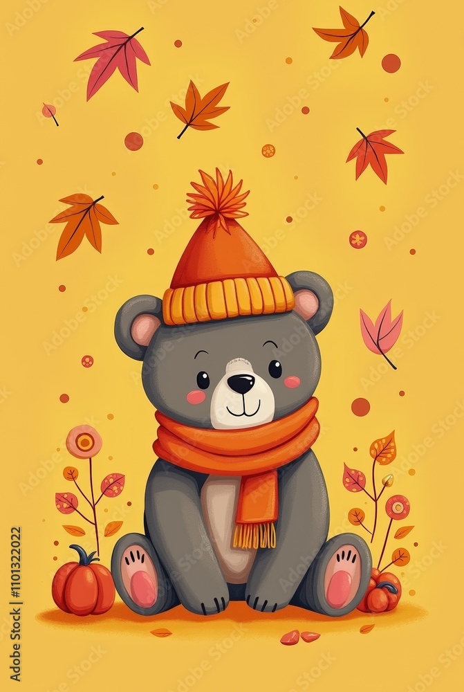 Fototapeta premium Gray Autumn Bear in Orange Hat Scarf Pumpkins Fall