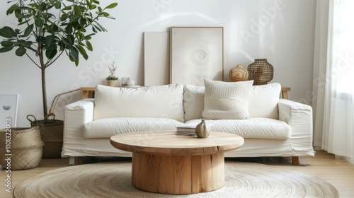 photograph of Round wood coffee table against white sofa. Scandinavian home interior design of modern living room.
