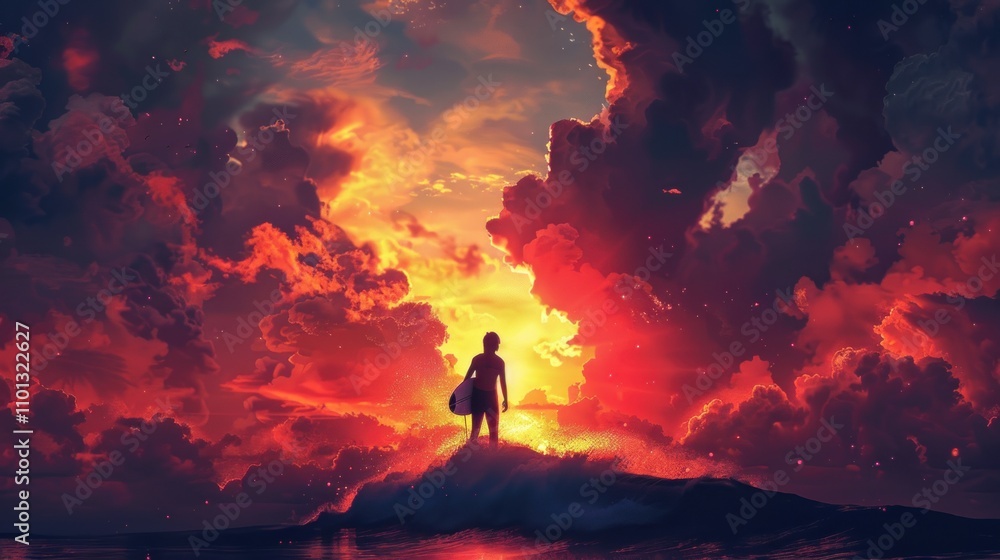 Silhouette of surfer on rock facing fiery sunset. Silhouette of surfer on rock facing fiery sunset.