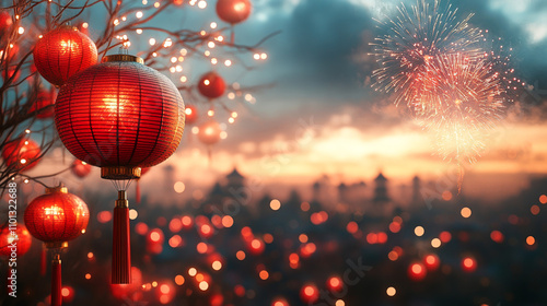 Red lanterns and fireworks set a festive scene, perfect for holiday, celebration, or Chinese New Yearthemed designs and projects. Generated AI photo